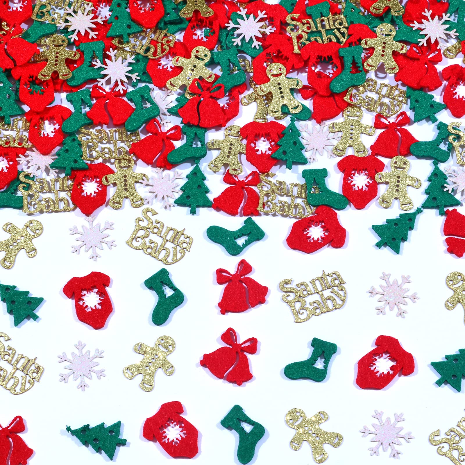 Christmas Baby Shower Confetti, 200pcs Glitter Felt Cloth Christmas Table Confetti - Christmas Tree, Gingerbread Man, Snowflake Table Scatter, Xmas Baby Shower Table Decorations for Girl Boy