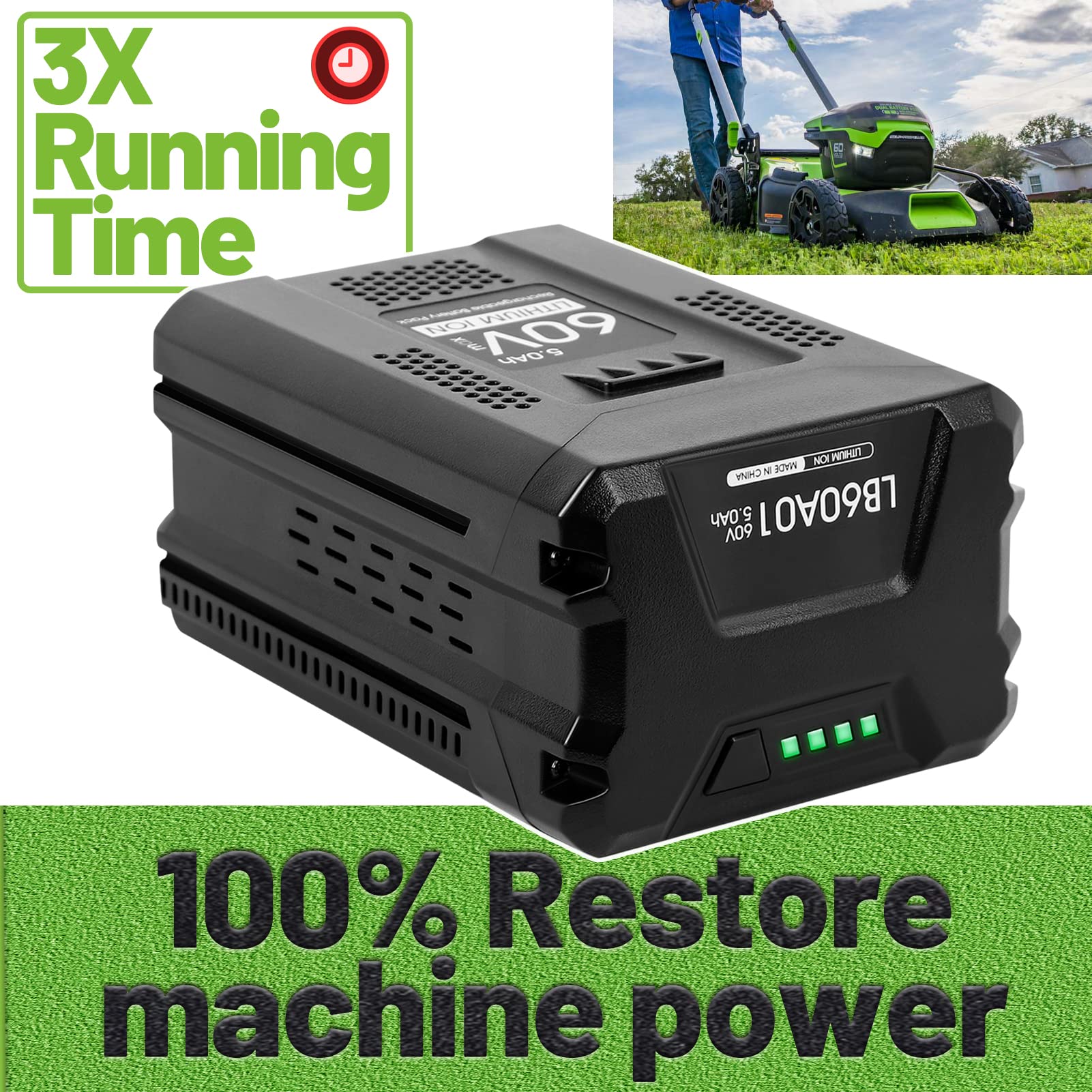 【Actual High Capacity】 5.0Ah 60V Replace Battery for Greenworks 60V Battery Cordless Power Tools Max Lithium-ion Battery LB60A00 LB60A02 LB60A03 for Greenworks Pro 60V Battery Repalcement