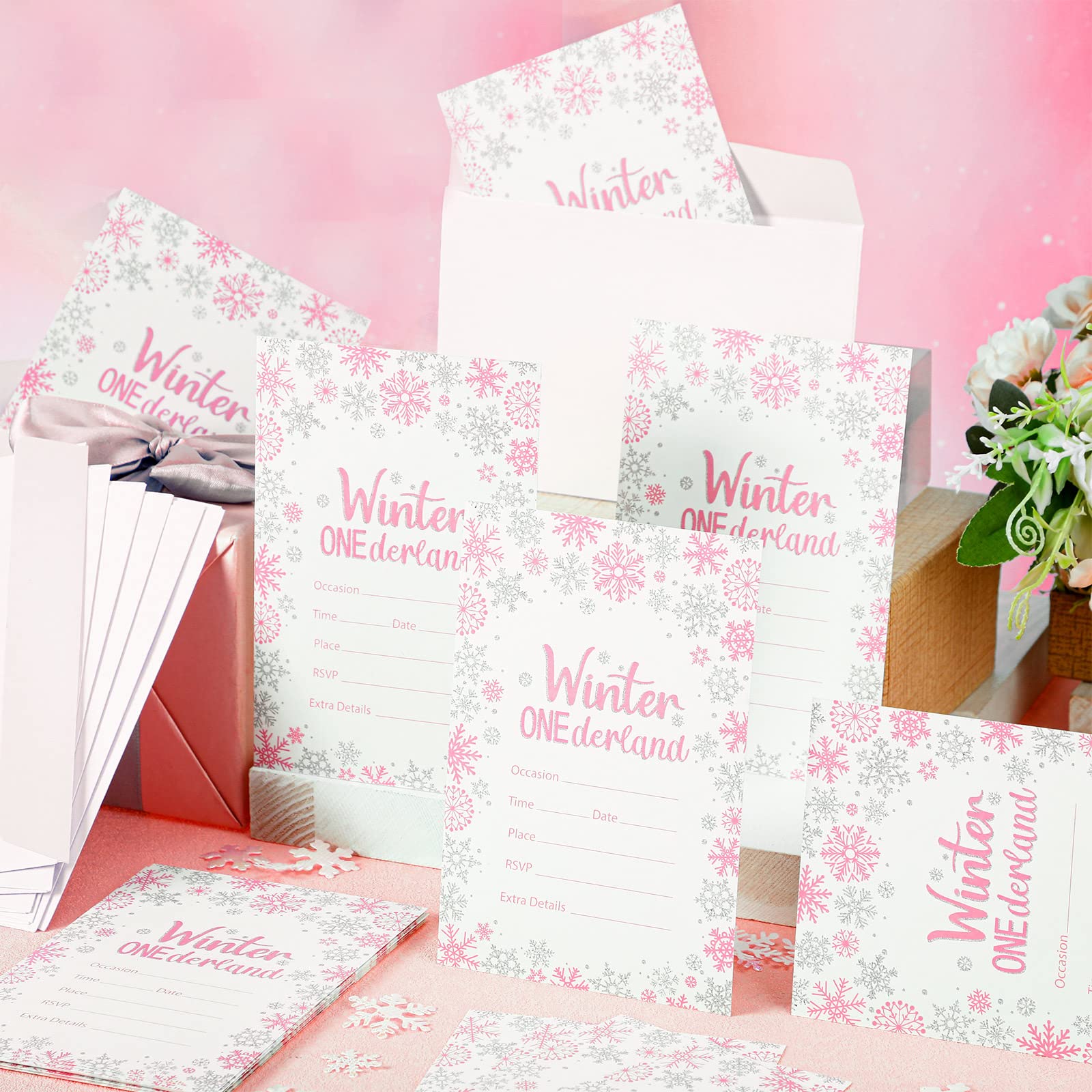 25 Pcs Winter Onederland Birthday Party Invitations with Envelopes First Birthday Decorations Winter Snowflakes Silver Pink Invitations for Holiday Winter 1st Birthday Party Supplies, 4 x 6 Inch