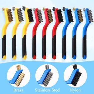 9 Pcs Wire Brush Set Nylon Brass Stainless Steel Bristles with Curved Handle Grip, Wire Cleaning Brush Scratch Brush for Rust Remover Dirt Paint Removal Clean