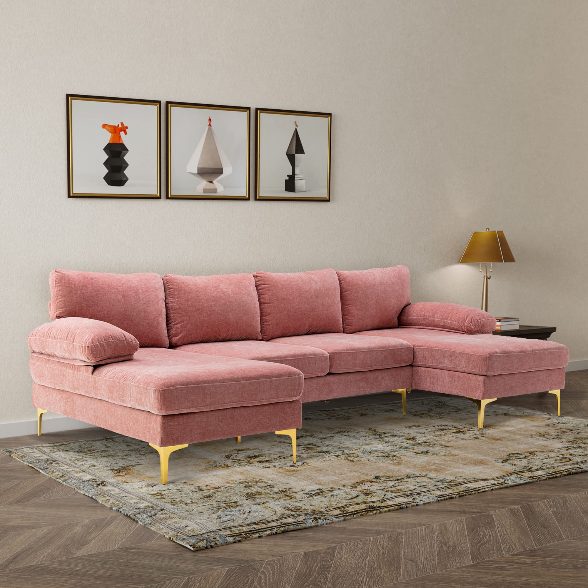 Homtique U Shaped Sectional Couch,Modern Large Modular Sectional Sofa for Living Room,Chenille Fabric Oversized Couch with Chaise Lounge and Golden Legs (Pink)