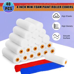 Nuogo 40 Pcs Foam Paint Roller Covers 4 Inch Small High Density Paint Roller Mini House Paint Rollers for Painting Wall Ceiling Cabinet Cupboard Door, White