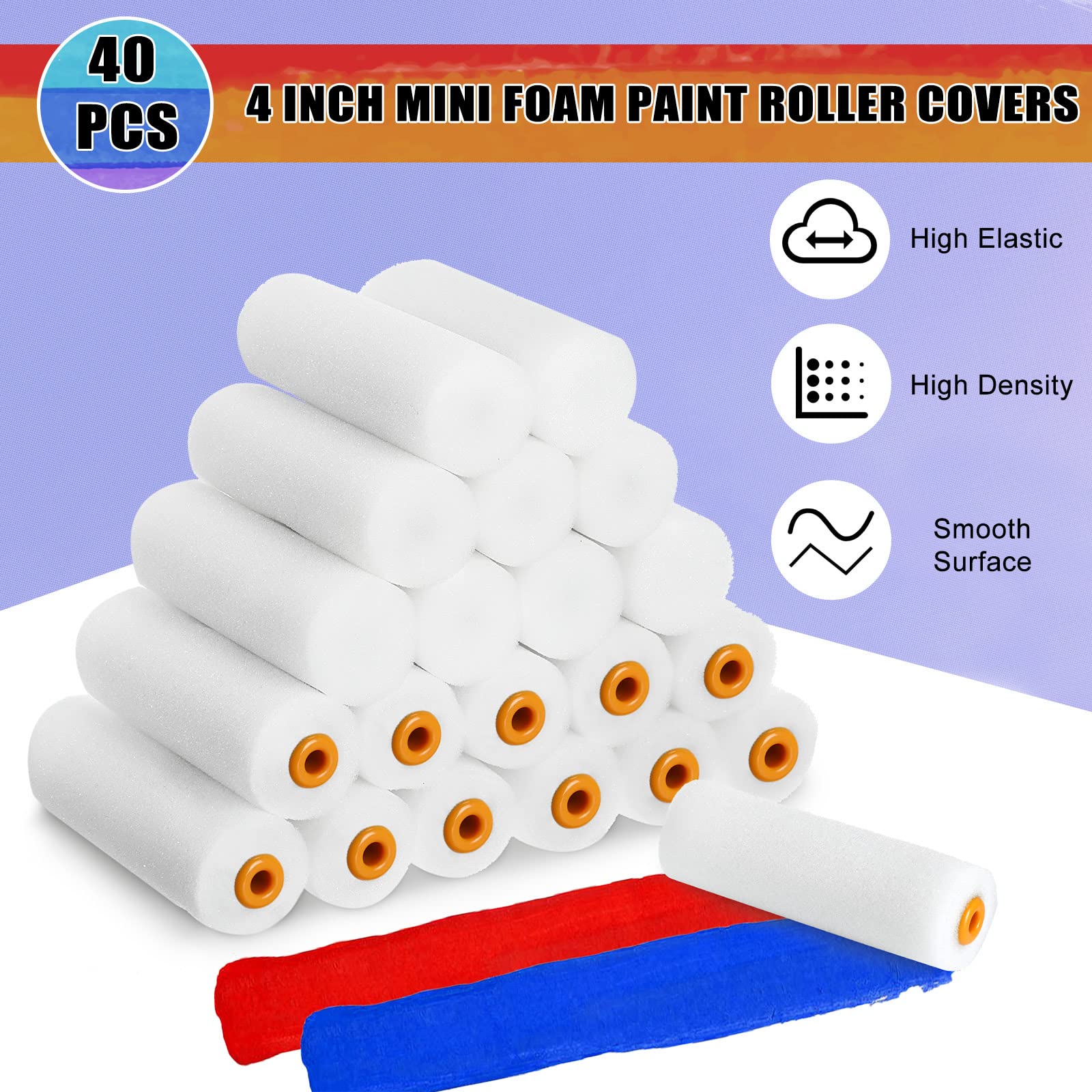 Nuogo 40 Pcs Foam Paint Roller Covers 4 Inch Small High Density Paint Roller Mini House Paint Rollers for Painting Wall Ceiling Cabinet Cupboard Door, White