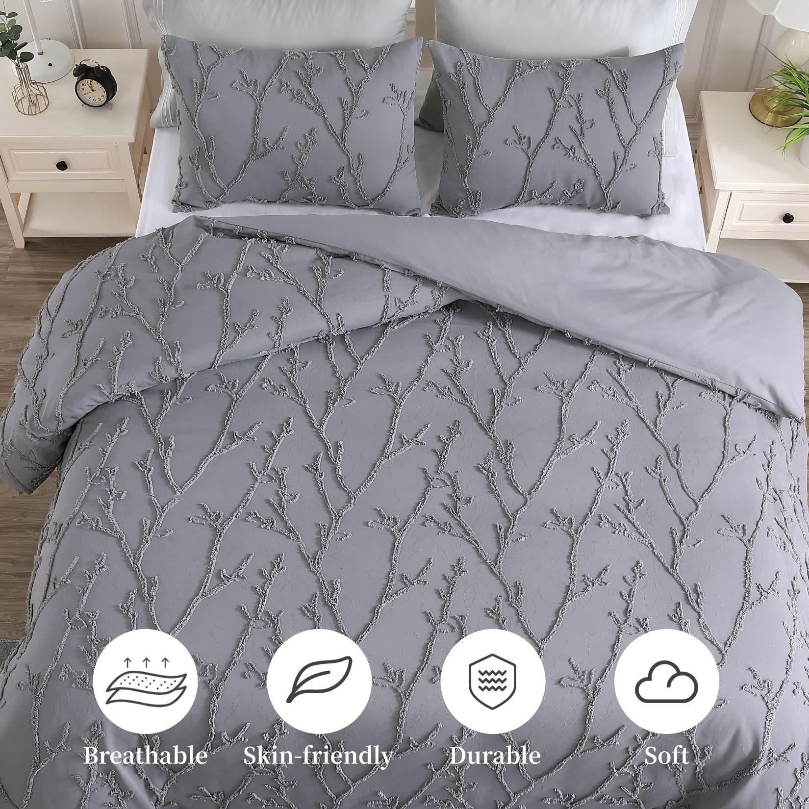 GlowSol Grey Duvet Covet Set Branches Jacquard Tufted Pattern, 3 Pieces Bedding Set Super Soft Embroidery Shabby Chic Bedding Duvet Cover, 90"×90" + 20"×26"×2