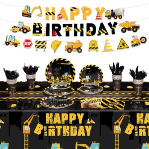 173 pcs construction birthday party supplies serves 24, include construction tablecloth, dump truck banners, construction theme plates napkins tableware set for kids construction birthday party supply