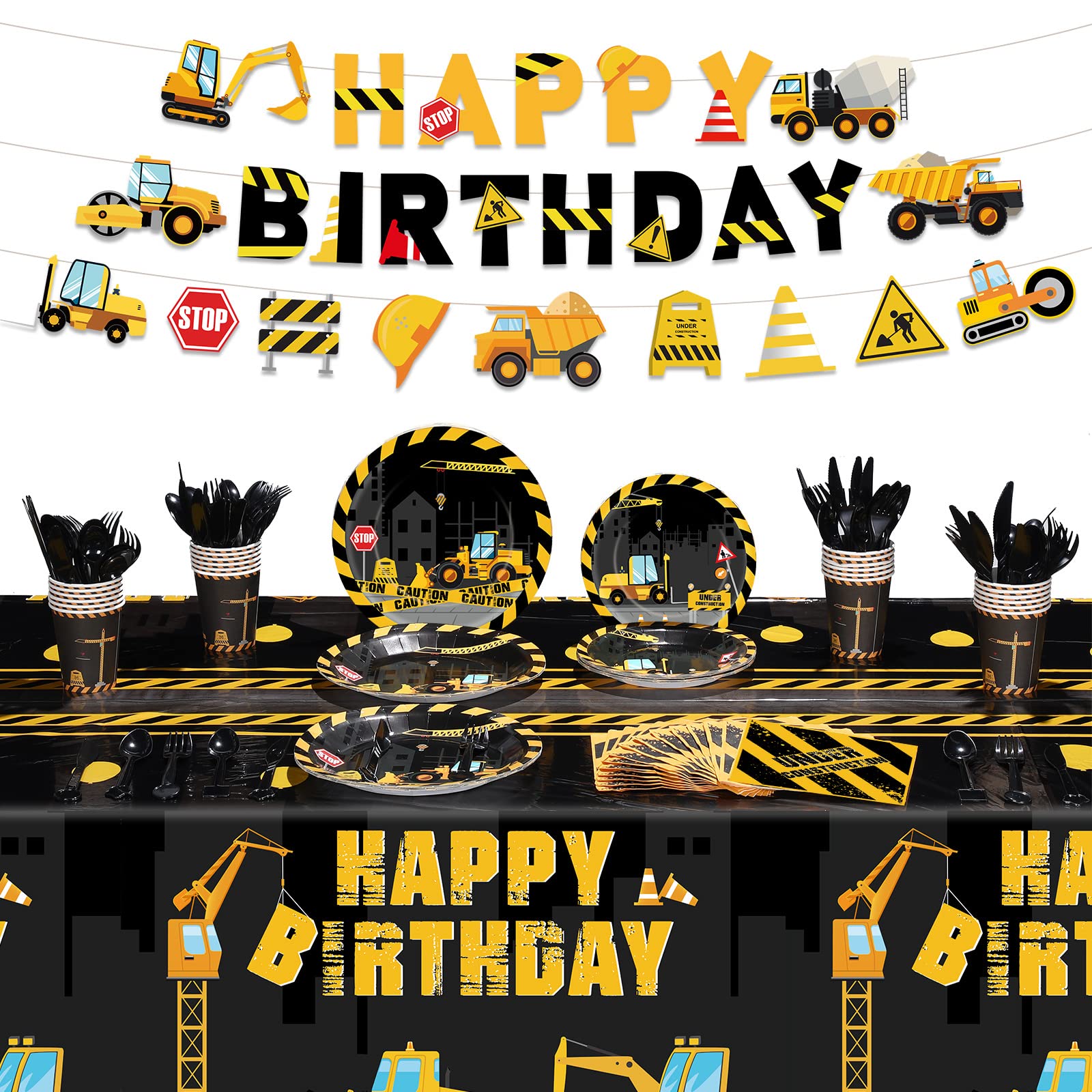 173 Pcs Construction Birthday Party Supplies Serves 24, Include Construction Tablecloth, Dump Truck Banners, Construction Theme Plates Napkins Tableware Set for Kids Construction Birthday Party Supply