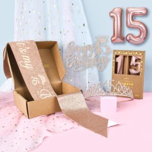 PHD CAKE 15th Birthday Decorations for Girls, Including 15th Birthday Crown/Tiara, Sash, Birthday Candles, 15 Number Balloon, Happy 15th Birthday Decorations for Girls