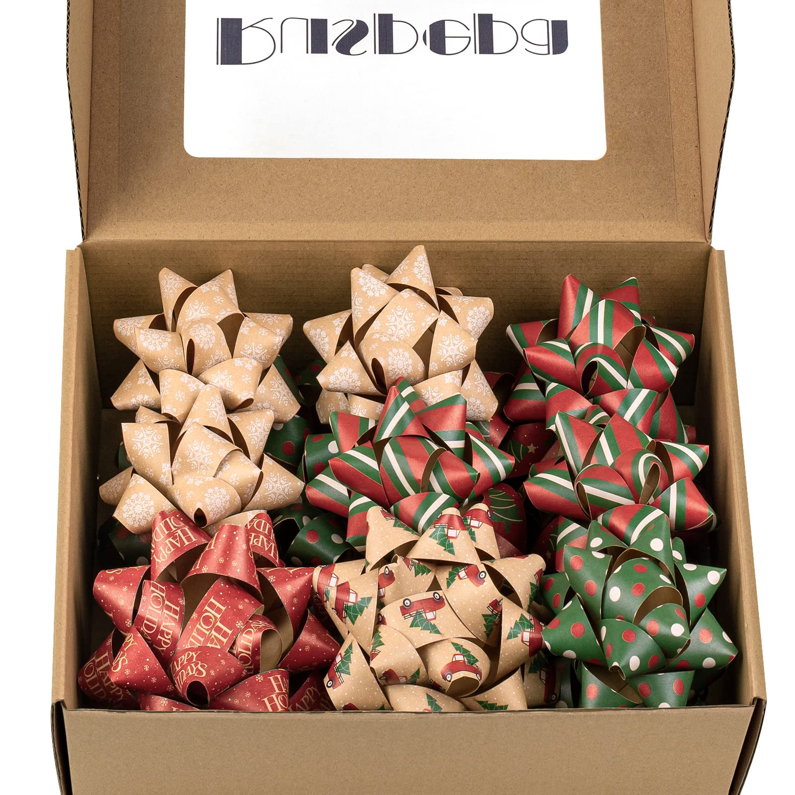 RUSPEPA Kraft Paper Christmas Gift Bow Assortment - Red, Green and White Design for Christmas, Holiday, Birthday, Wedding, Baby Shower - Total 15 Bows, 3 Size