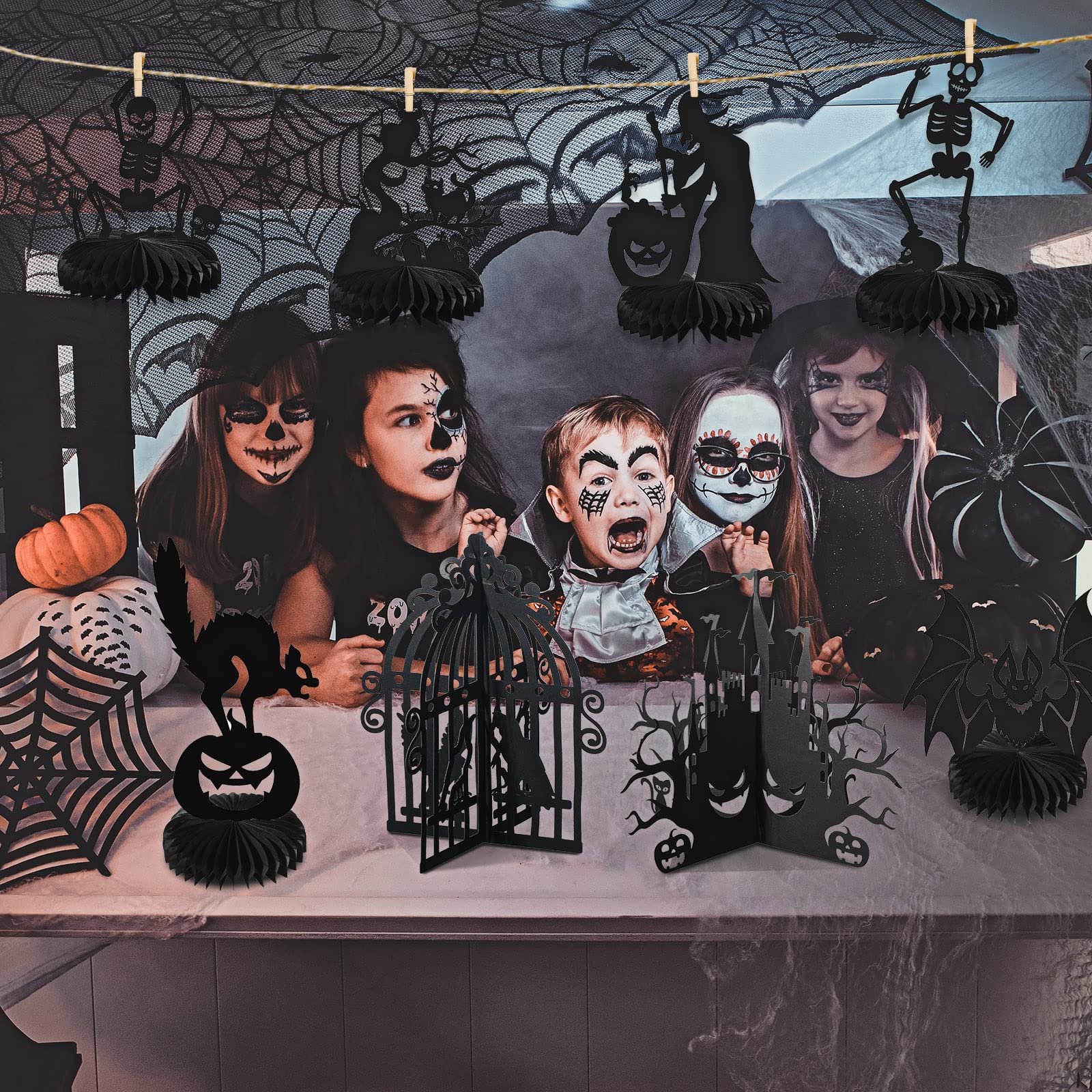 9 Pieces Halloween Honeycomb Centerpiece Happy Halloween Paper Fans Decoration Skull Ghost Pumpkin Witch Bat Cat Birdcage Candlelight 3D Black Silhouette Table Centerpiece for Party Favor Supplies