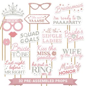 fully assembled bachelorette photo booth props - set of 32 - rose gold, pink, & silver signs, wedding bridal shower bachelorette party supplies & decorations with real glitter - did we mention no diy?