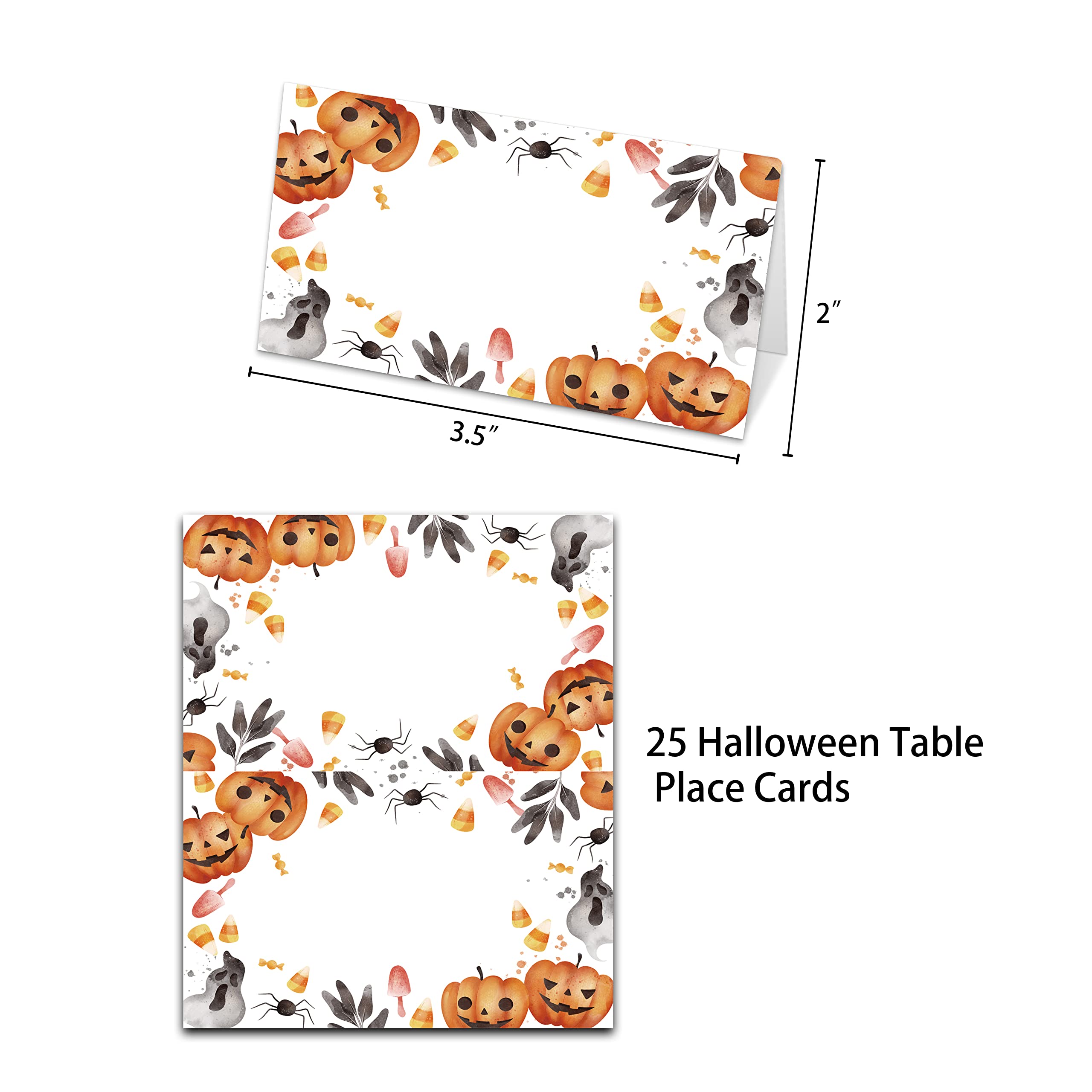 Halloween Table Place Cards, Blank Seating Place Card for Table, 25 Pack Buffet Food Tent Labels, Double Design Name Cards, Scored for Easy Folding, Halloween/Thanksgiving Party Decorations(04)