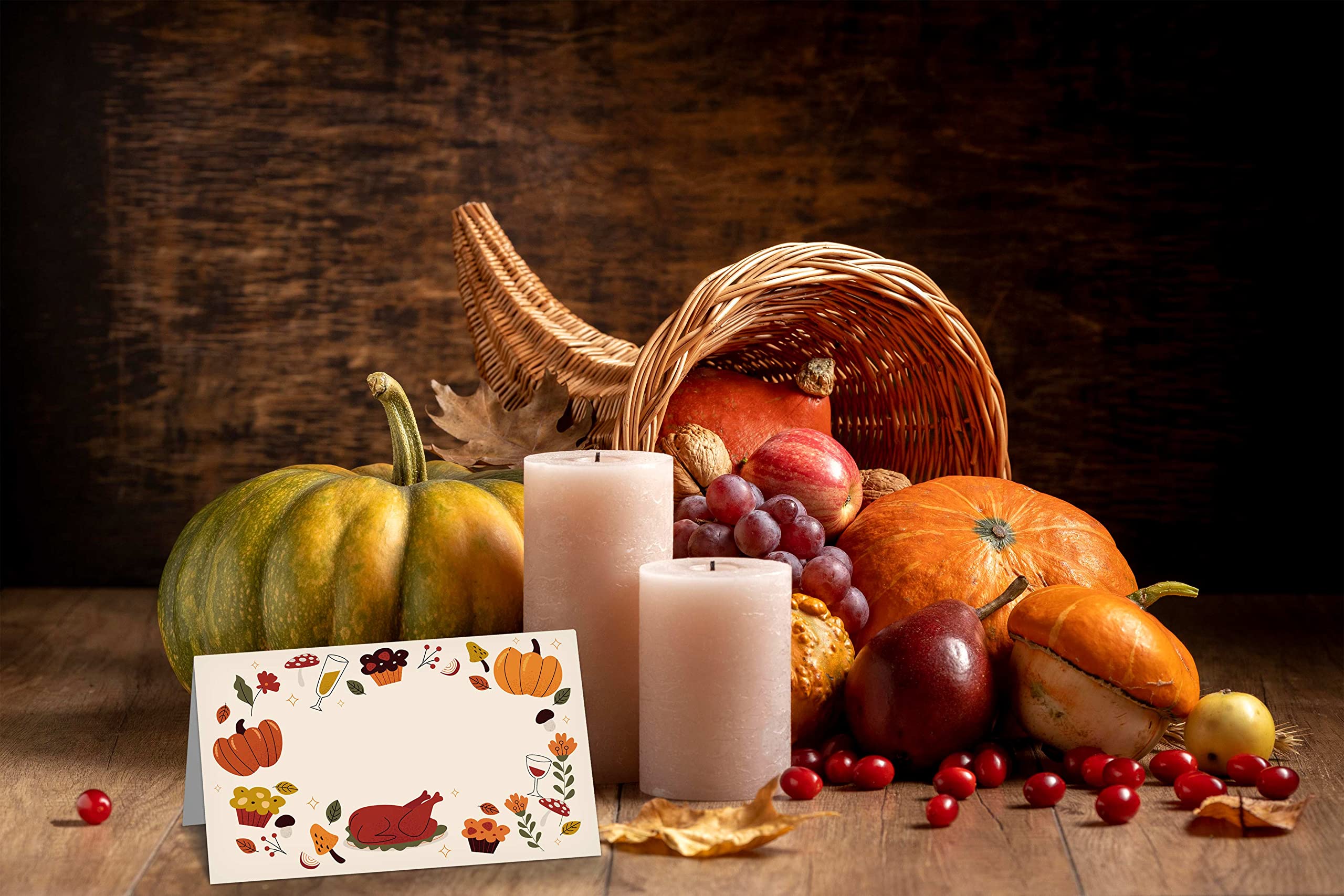 Fall Thanksgiving Table Place Card, 25 Pcs Tent Style Cards Set with Pumpkin and Maple Leaf, Editable Name Cards for Table Seating, Scored for Easy Folding, Food Lables for Autumn Party (02)