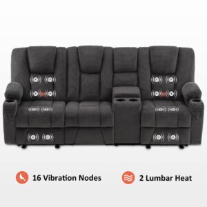 MCombo Power Reclining Sofa with Heat and Vibration,USB Ports, Cup Holders,3-Seat Dual Recliner Sofa with Console for Living Room 6035 (Grey)