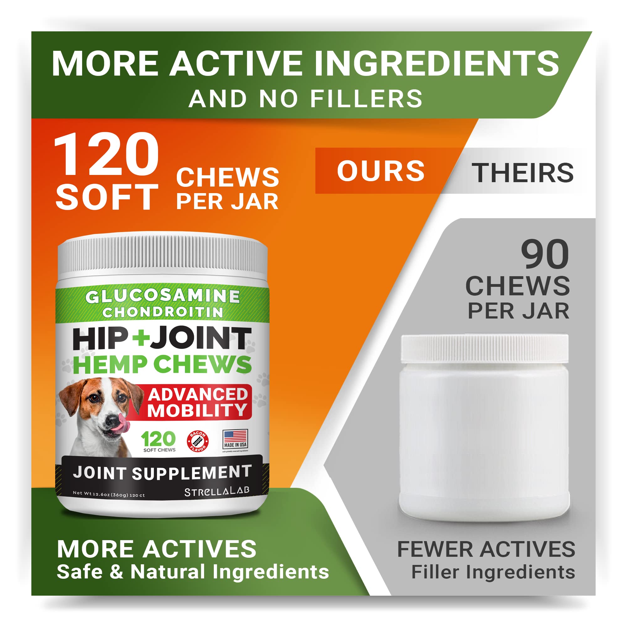 Large Breed Hemp + Glucosamine Dog Joint Supplement - Hemp Chews for Dogs Hip Joint Pain Relief - Omega 3, Chondroitin, MSM - Advanced Mobility Hemp Oil Treats for Large Dogs - Made in USA - 240 Ct