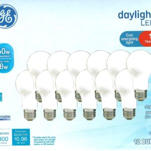 GE Daylight LED Light Bulbs, 8 Watt (60 Watt Equivalent) Cool Energizing Light, Standard Bulb Shape, Medium Base, Dimmable (12 Pack)