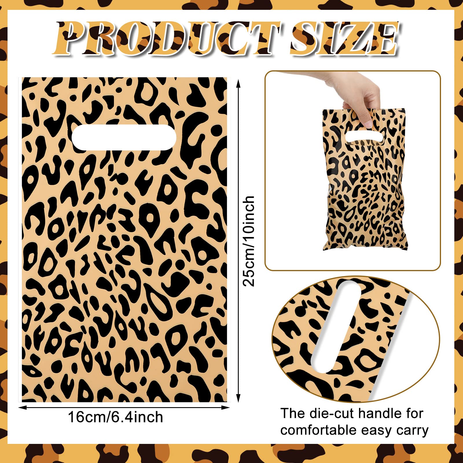 50 Pieces Print Treat Bags Plastic Bag with Die Cut Handle Candy Bags Animal Party Bags Plastic Merchandise Goodies Bags Shopping Bags Gift Bags Wild Life Birthday Party Supplies(Leopard)