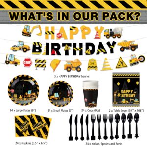 173 Pcs Construction Birthday Party Supplies Serves 24, Include Construction Tablecloth, Dump Truck Banners, Construction Theme Plates Napkins Tableware Set for Kids Construction Birthday Party Supply