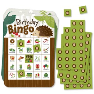 big dot of happiness forest hedgehogs - picture bingo cards and markers - woodland birthday party bingo game - set of 18