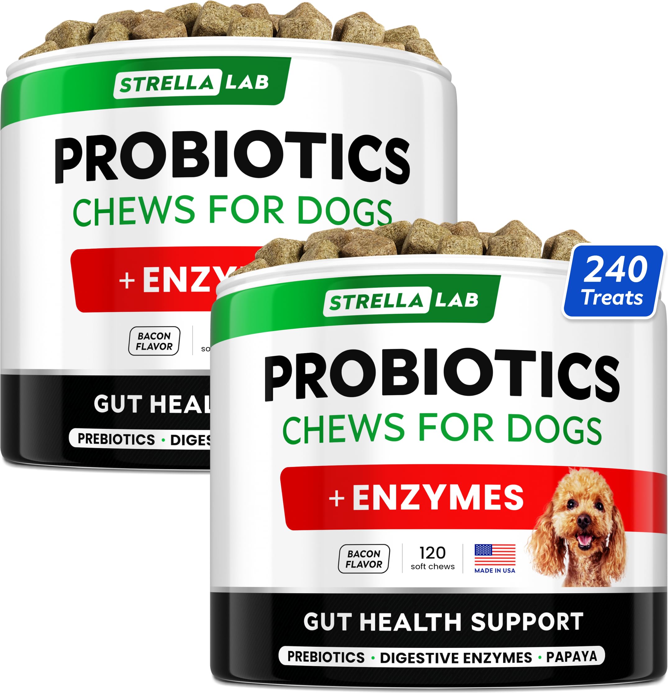 StrellaLab Dog Probiotics Treats for Picky Eaters - Digestive Enzymes + Prebiotics - Chewable Fiber Supplement - Allergy, Diarrhea, Gas, Constipation, Upset Stomach Relief - Improve Digestion&Immunity