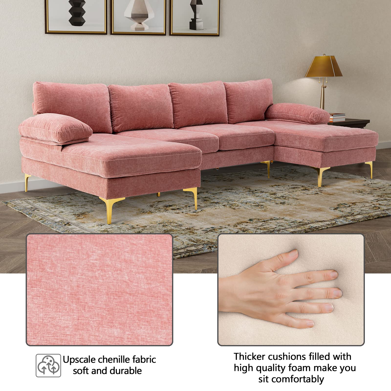 Homtique U Shaped Sectional Couch,Modern Large Modular Sectional Sofa for Living Room,Chenille Fabric Oversized Couch with Chaise Lounge and Golden Legs (Pink)