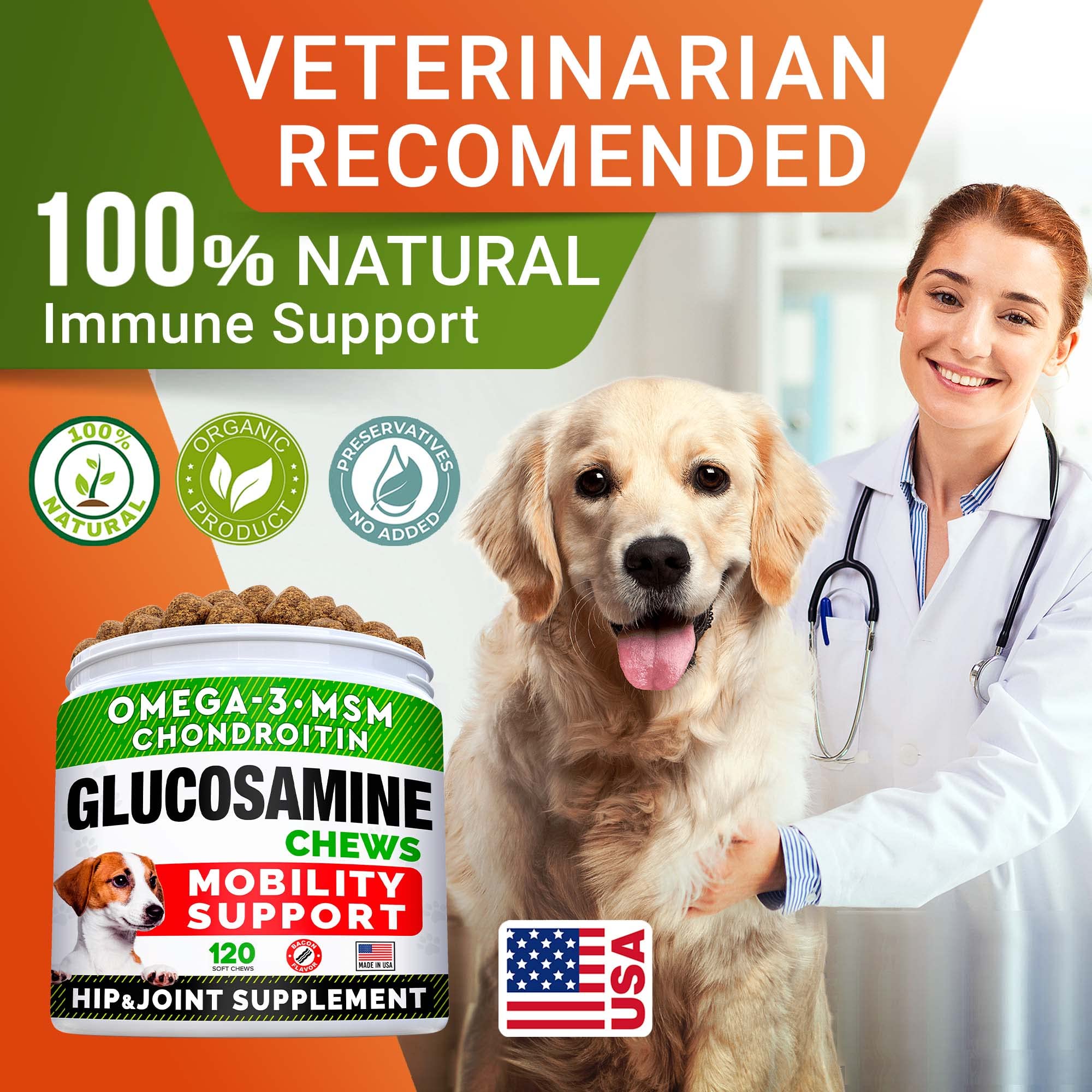 STRELLALAB Glucosamine Treats for Dogs - Joint Supplement w/Omega-3 Fish Oil - Chondroitin, MSM - Advanced Mobility Chews - Joint Pain Relief - Hip & Joint Care - Bacon Flavor - 240 Ct - Made in USA