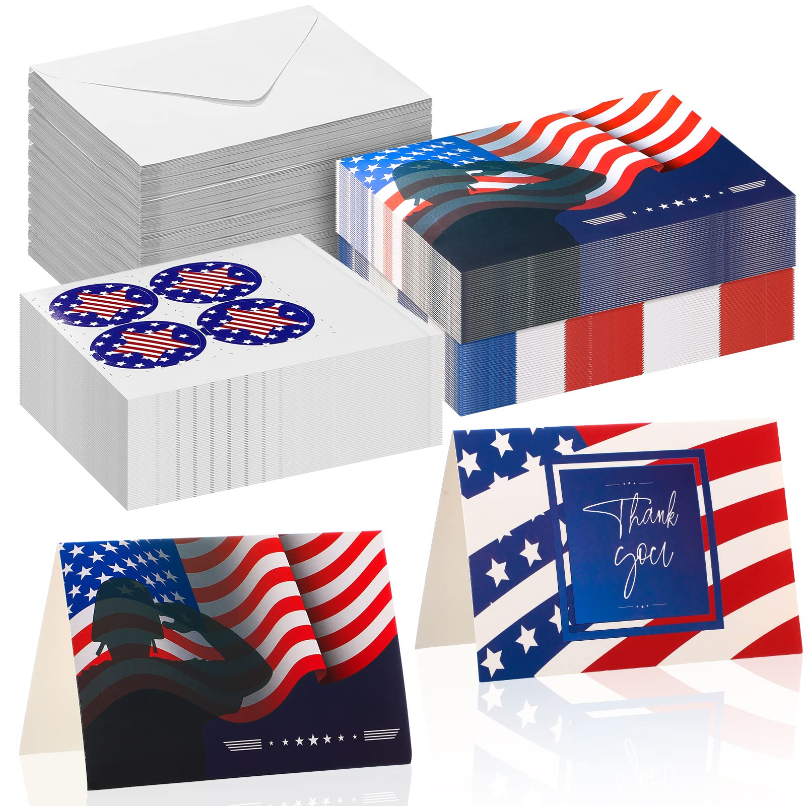 Crtiin 130 Pcs Patriotic Blank Note Cards with Envelopes American Flag White Greeting Cards 4th of July Thank You Cards Envelopes Bulk Red White Blue Sticker Seals Party Essentials for Veterans Day