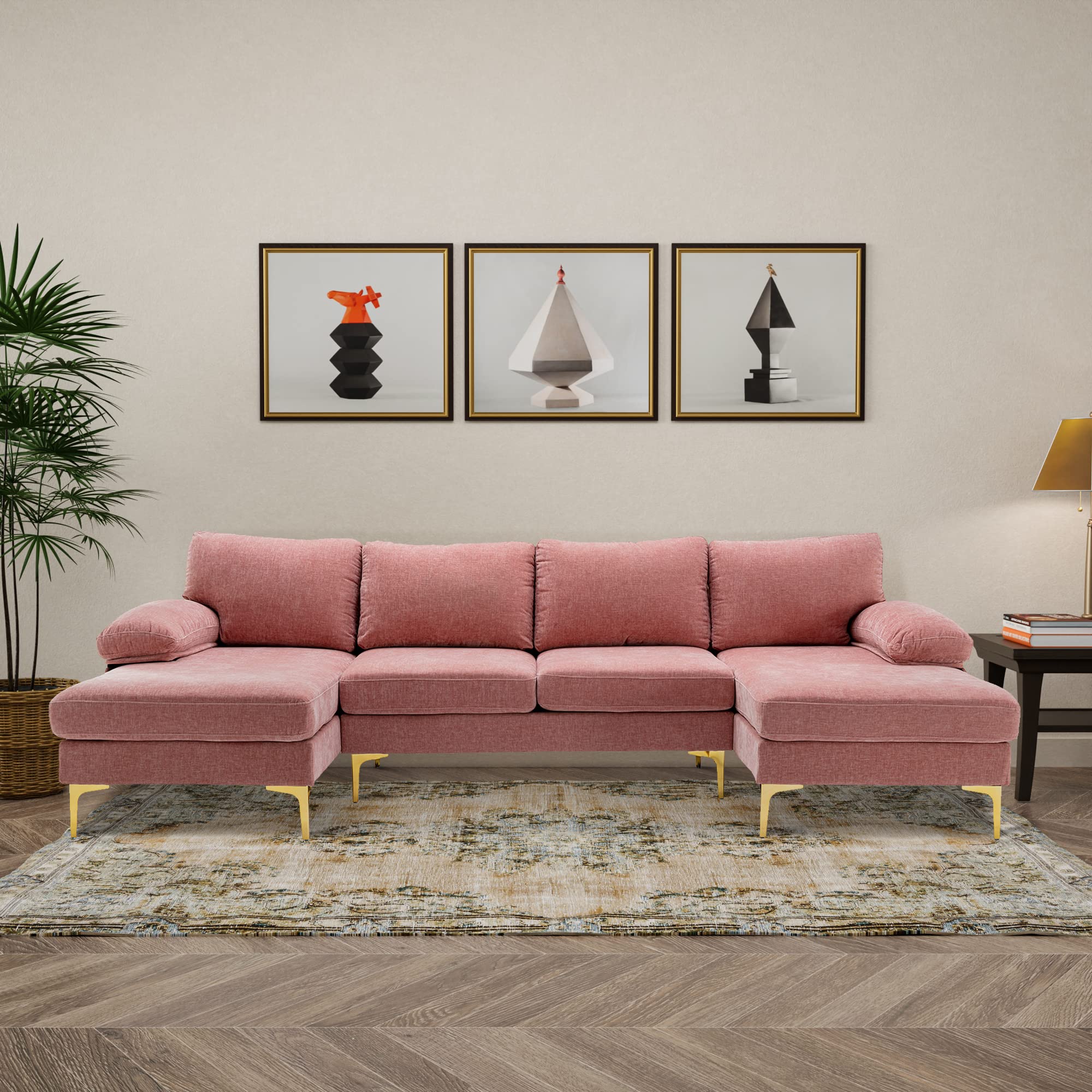 Homtique U Shaped Sectional Couch,Modern Large Modular Sectional Sofa for Living Room,Chenille Fabric Oversized Couch with Chaise Lounge and Golden Legs (Pink)