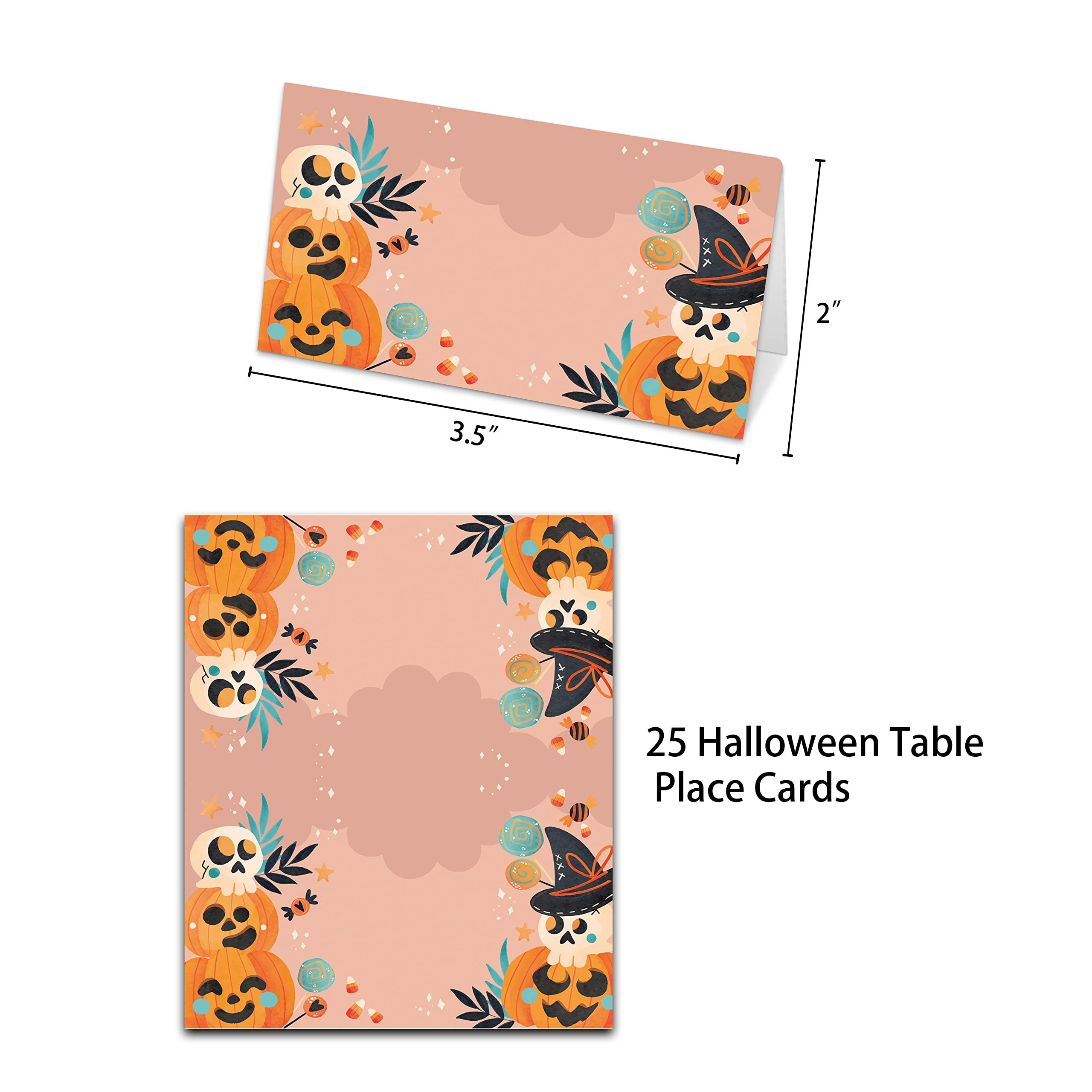 Halloween Table Place Cards, Blank Seating Place Card for Table, 25 Pack Buffet Food Tent Labels, Double Design Name Cards, Scored for Easy Folding, Halloween/Thanksgiving Party Decorations(06)