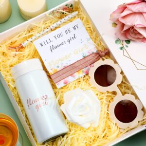 8 Pcs Flower Girl Gifts Flower Girl Proposal Box Gift Set Flower Girl Box Round Flower Water Bottle Makeup Mirror Diamond Pen Flower Girl Hair Tie Rose Head for Wedding Bride Shower