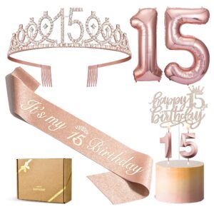 phd cake 15th birthday decorations for girls, including 15th birthday crown/tiara, sash, birthday candles, 15 number balloon, happy 15th birthday decorations for girls