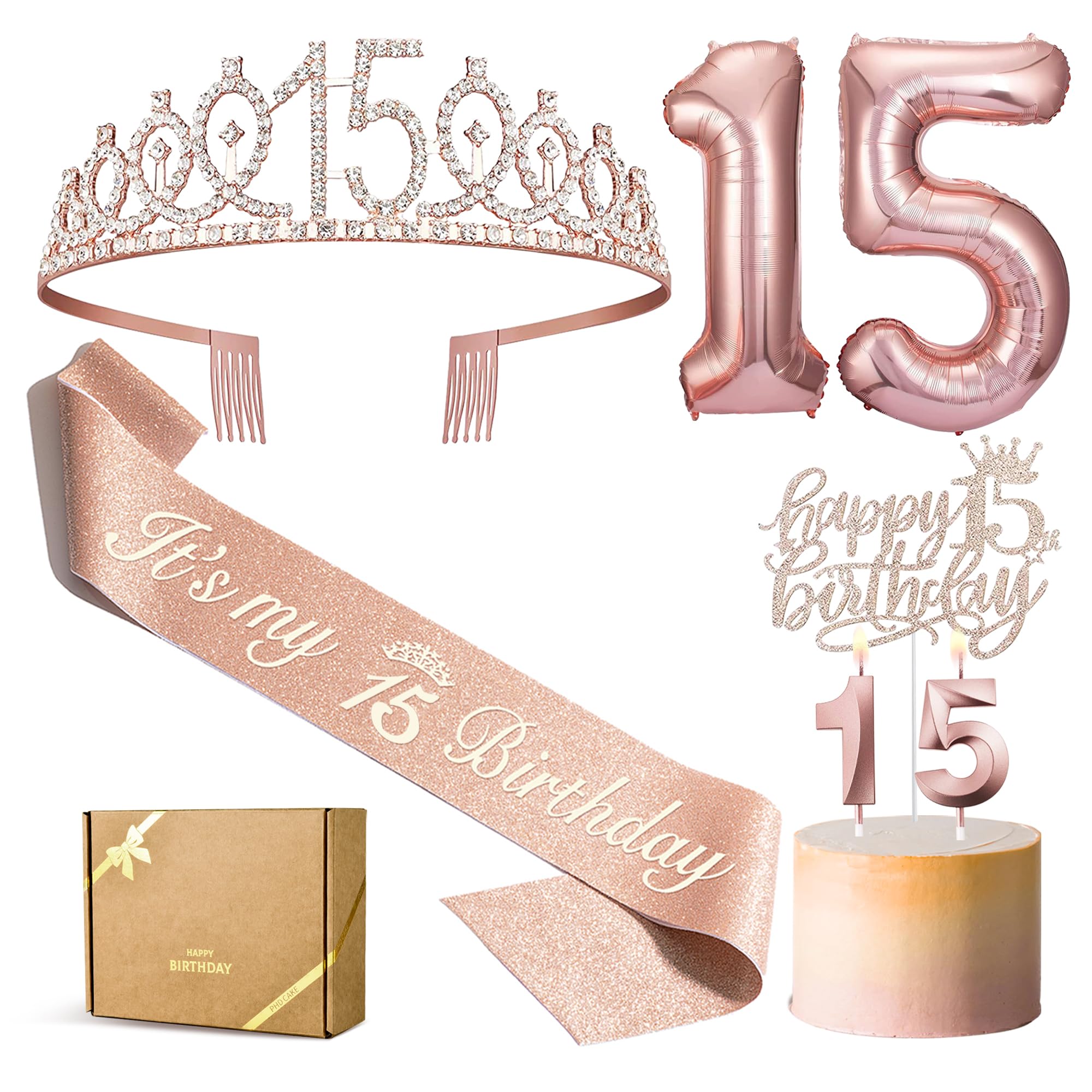 PHD CAKE 15th Birthday Decorations for Girls, Including 15th Birthday Crown/Tiara, Sash, Birthday Candles, 15 Number Balloon, Happy 15th Birthday Decorations for Girls