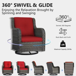 MeetLeisure Outdoor 360 Degree Swivel Rocker Patio Chairs Sets of 2 and Matching Side Table - 3 Piece Patio Wicker Glider Chairs with Olefin Cushions(Mixed Grey/Red)