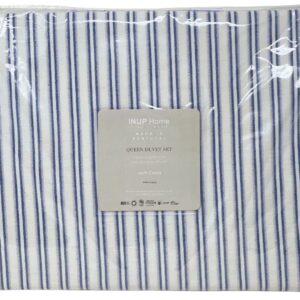 INUP Home 100% Cotton Made in Portugal 3 Piece Duvet Set Matelasse French Country Multi Colors Stripe Solid on White Background (Double Blue Stripes, Queen (U.S. Standard))