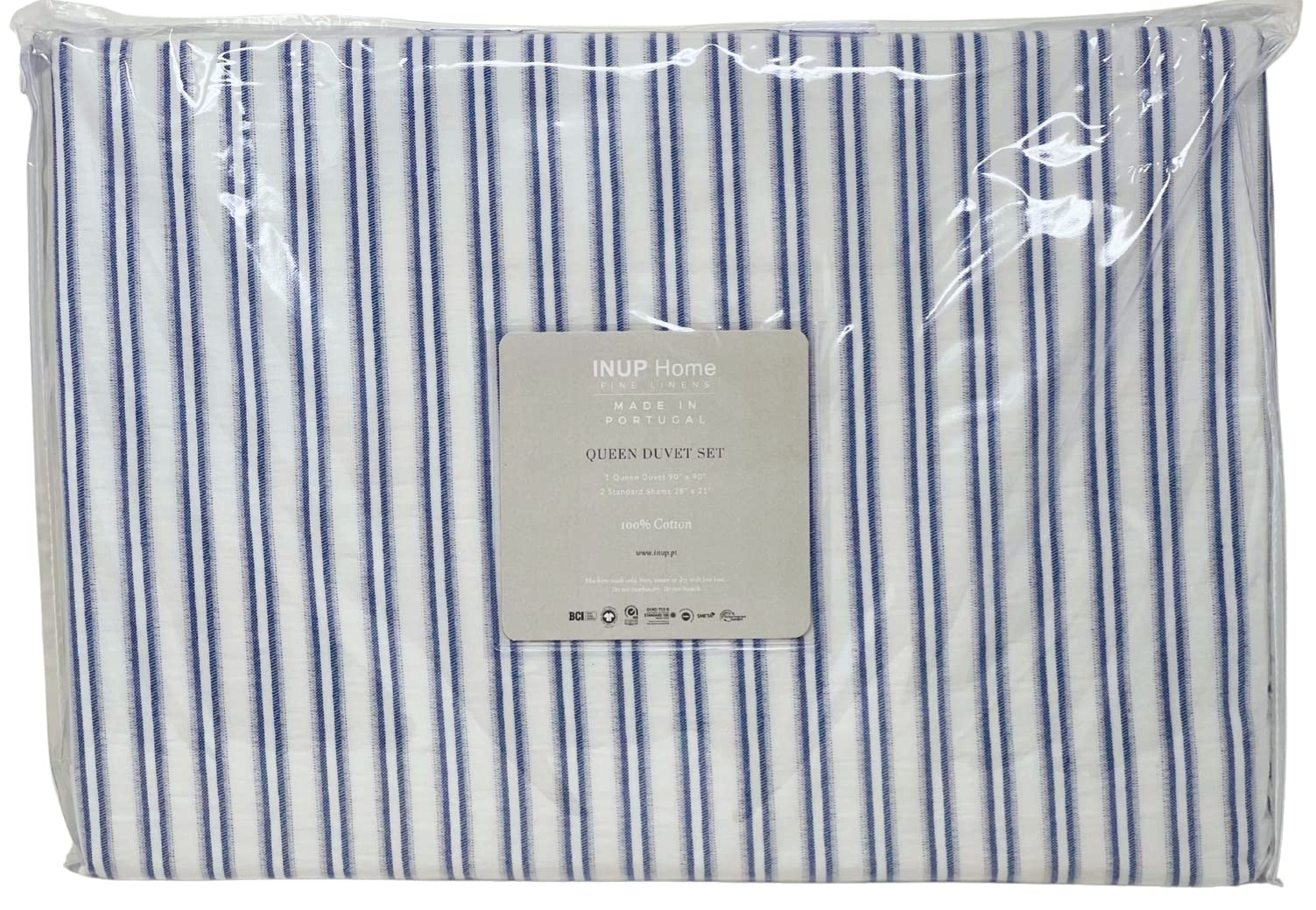 INUP Home 100% Cotton Made in Portugal 3 Piece Duvet Set Matelasse French Country Multi Colors Stripe Solid on White Background (Double Blue Stripes, Queen (U.S. Standard))