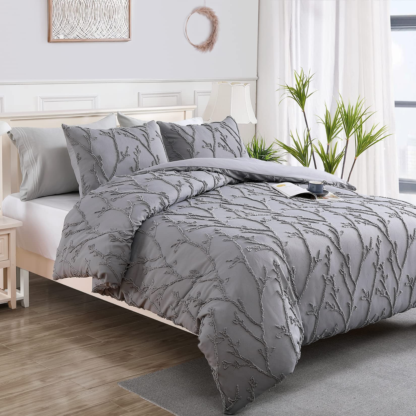 GlowSol Grey Duvet Covet Set Branches Jacquard Tufted Pattern, 3 Pieces Bedding Set Super Soft Embroidery Shabby Chic Bedding Duvet Cover, 90"×90" + 20"×26"×2