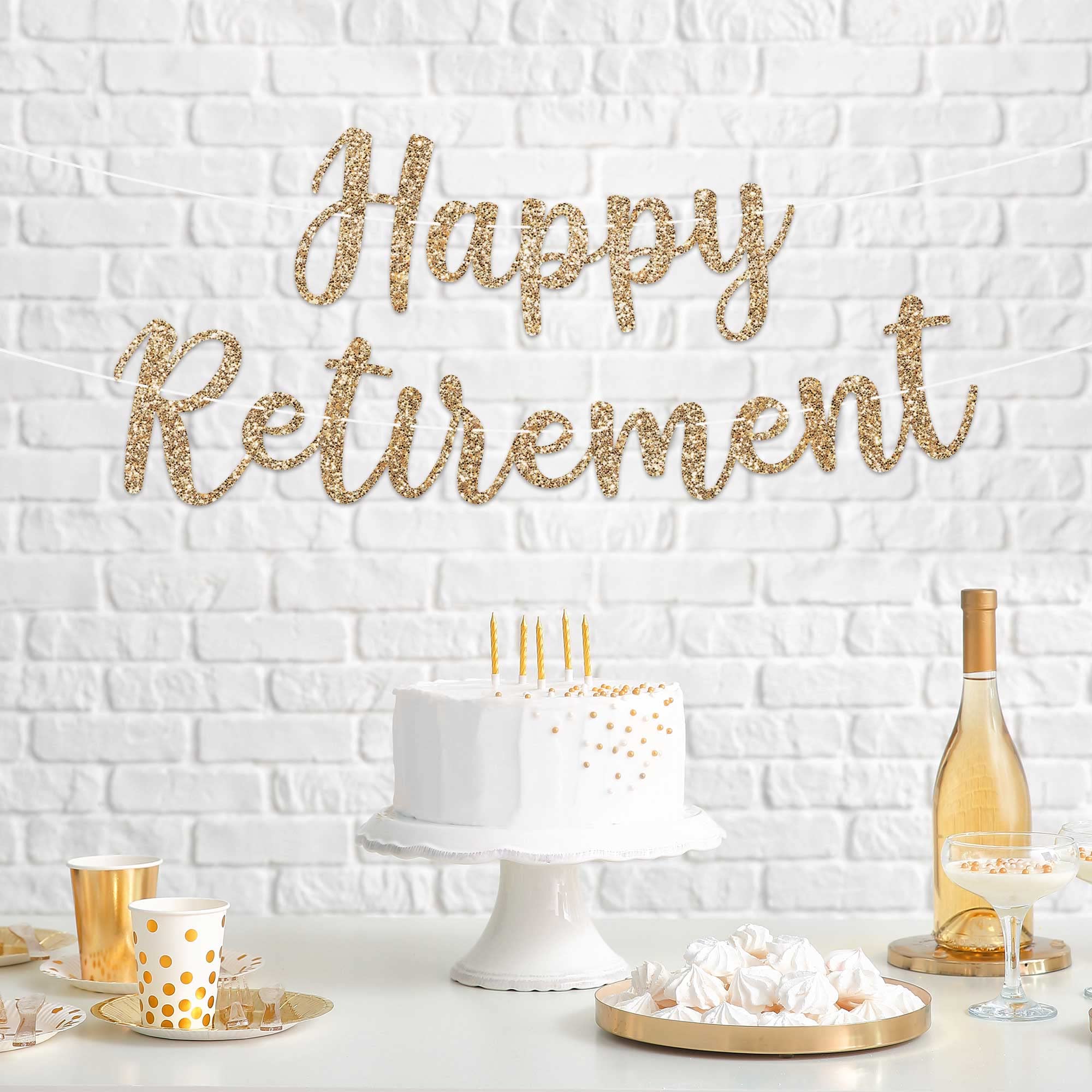 Pre-Strung Happy Retirement Banner - NO DIY - Gold Glitter Happy Retirement Banner in Script - Pre-Strung on 6 ft Strand - Happy Retirement Party Decorations for Men & Women. Did we mention no DIY?