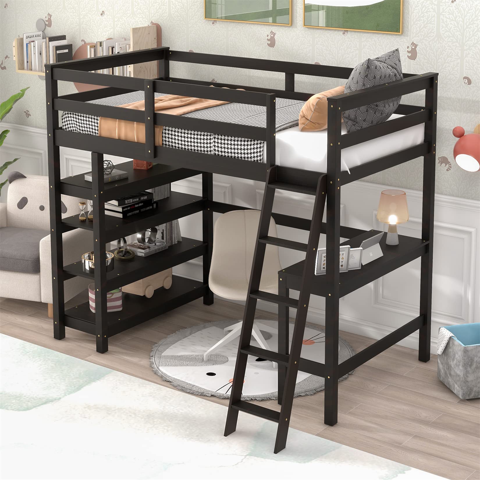 Bellemave Twin Loft Bed with Desk & Shelves for Teens Adults, Wood High Loft Bed Frame with Bookcase & Angle Ladder for Kids Boys Girls, Full-Length Guardrail, Twin Size, Espresso