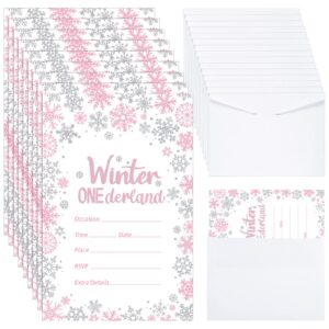 25 pcs winter onederland birthday party invitations with envelopes first birthday decorations winter snowflakes silver pink invitations for holiday winter 1st birthday party supplies, 4 x 6 inch