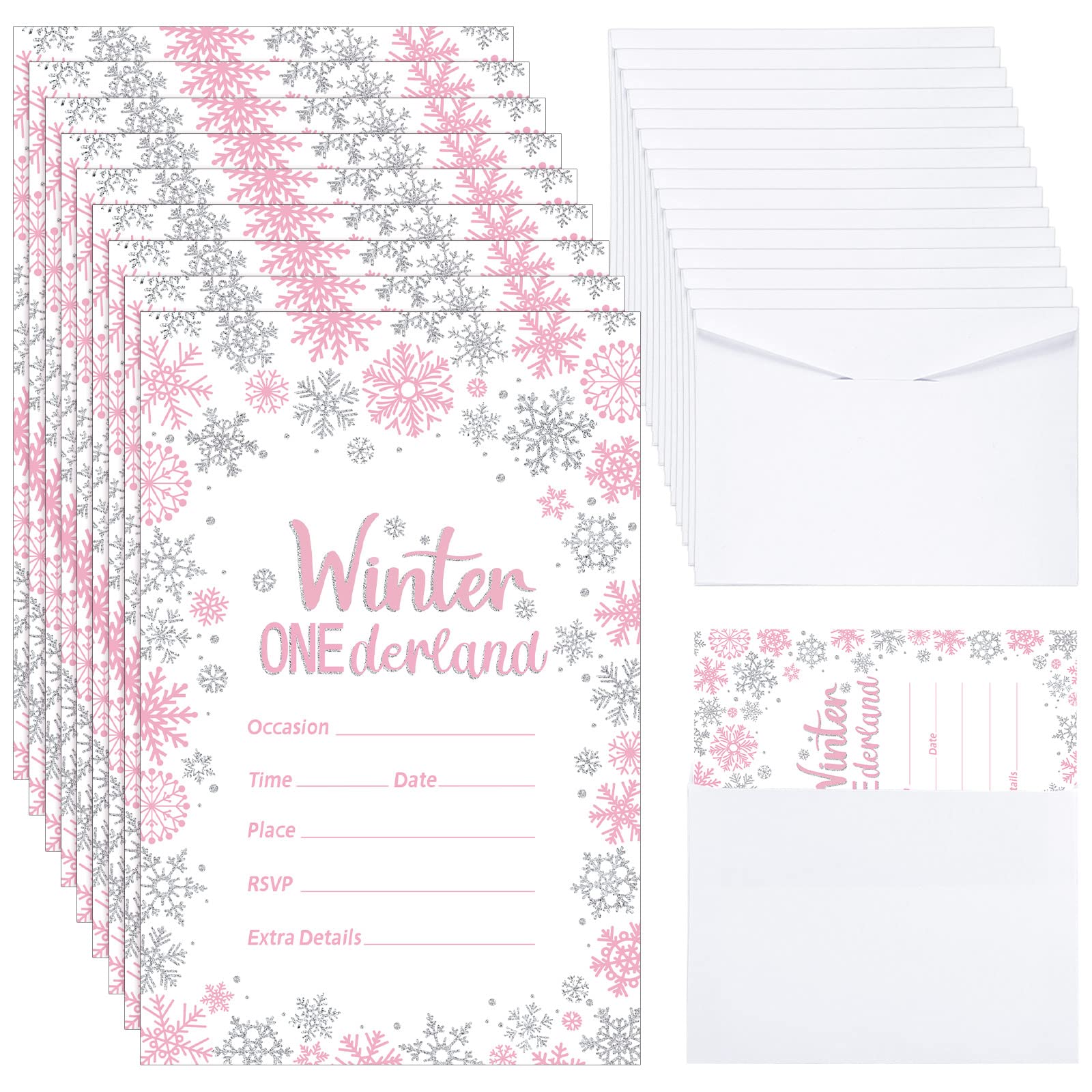 25 Pcs Winter Onederland Birthday Party Invitations with Envelopes First Birthday Decorations Winter Snowflakes Silver Pink Invitations for Holiday Winter 1st Birthday Party Supplies, 4 x 6 Inch