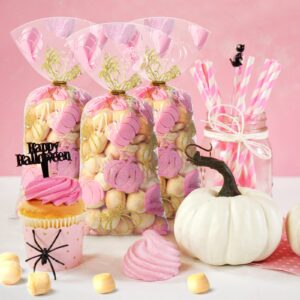 100 Pcs Little Pumpkin Bags Fall Cellophane Bags Plastic Pumpkin Candy Bags Pumpkin Cello Bags Goodie Treat Bags with Gold Twist Ties for Autumn Theme Party Supplies Thanksgiving Party Decorations