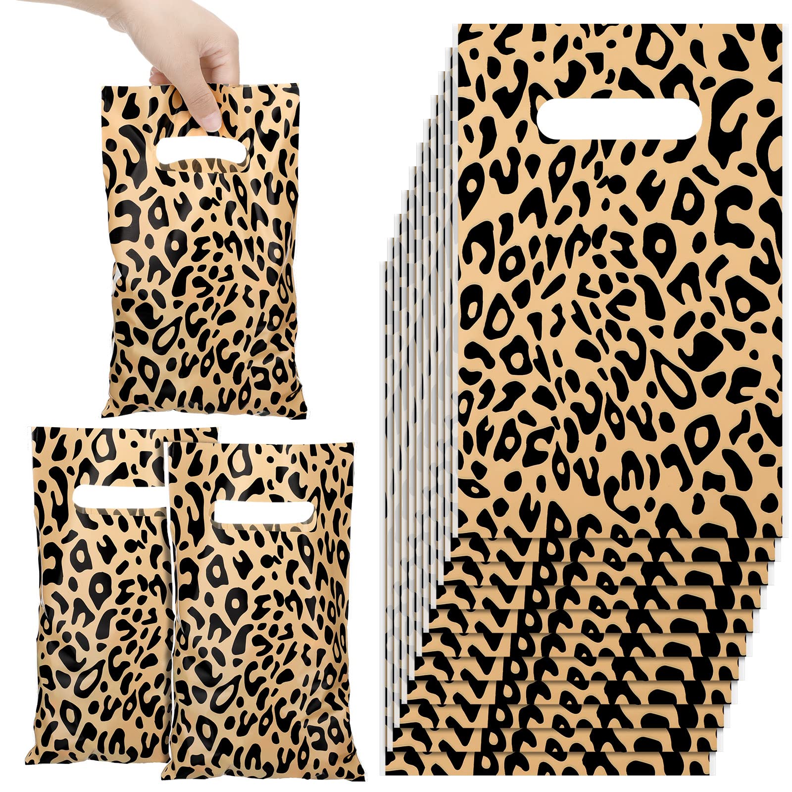 50 Pieces Print Treat Bags Plastic Bag with Die Cut Handle Candy Bags Animal Party Bags Plastic Merchandise Goodies Bags Shopping Bags Gift Bags Wild Life Birthday Party Supplies(Leopard)