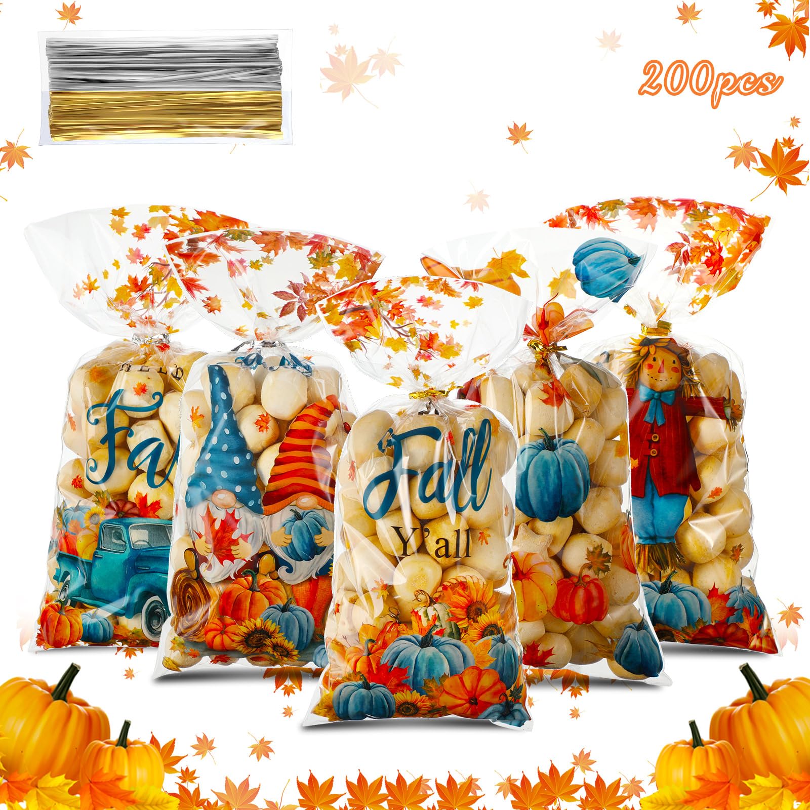 200 Pack Thanksgiving Cellophane Bags Fall Treat Bags with 200 Twist Ties Autumn Pumpkin Maple Leaves Plastic Candy Goodie Bags Fall Harvest Thankful Snack Bags for Thanksgiving Party Favor Supplies