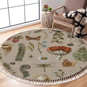 round area rugs vintage woodland nature seamless mushroom fern forest plants botanical woven rug bedroom decor bathroom powder room laundry room boho carpet outdoor rug minimalist home decor, 4 ft