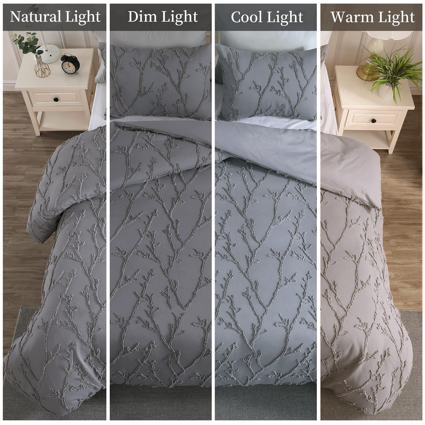 GlowSol Grey Duvet Covet Set Branches Jacquard Tufted Pattern, 3 Pieces Bedding Set Super Soft Embroidery Shabby Chic Bedding Duvet Cover, 90"×90" + 20"×26"×2