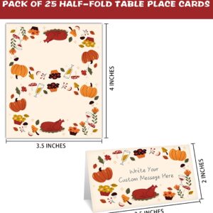 Fall Thanksgiving Table Place Card, 25 Pcs Tent Style Cards Set with Pumpkin and Maple Leaf, Editable Name Cards for Table Seating, Scored for Easy Folding, Food Lables for Autumn Party (02)