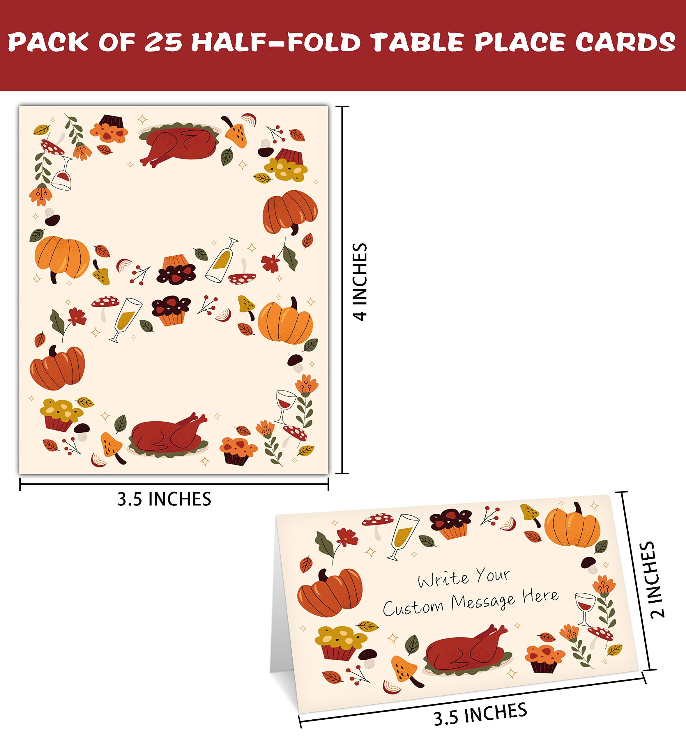 Fall Thanksgiving Table Place Card, 25 Pcs Tent Style Cards Set with Pumpkin and Maple Leaf, Editable Name Cards for Table Seating, Scored for Easy Folding, Food Lables for Autumn Party (02)