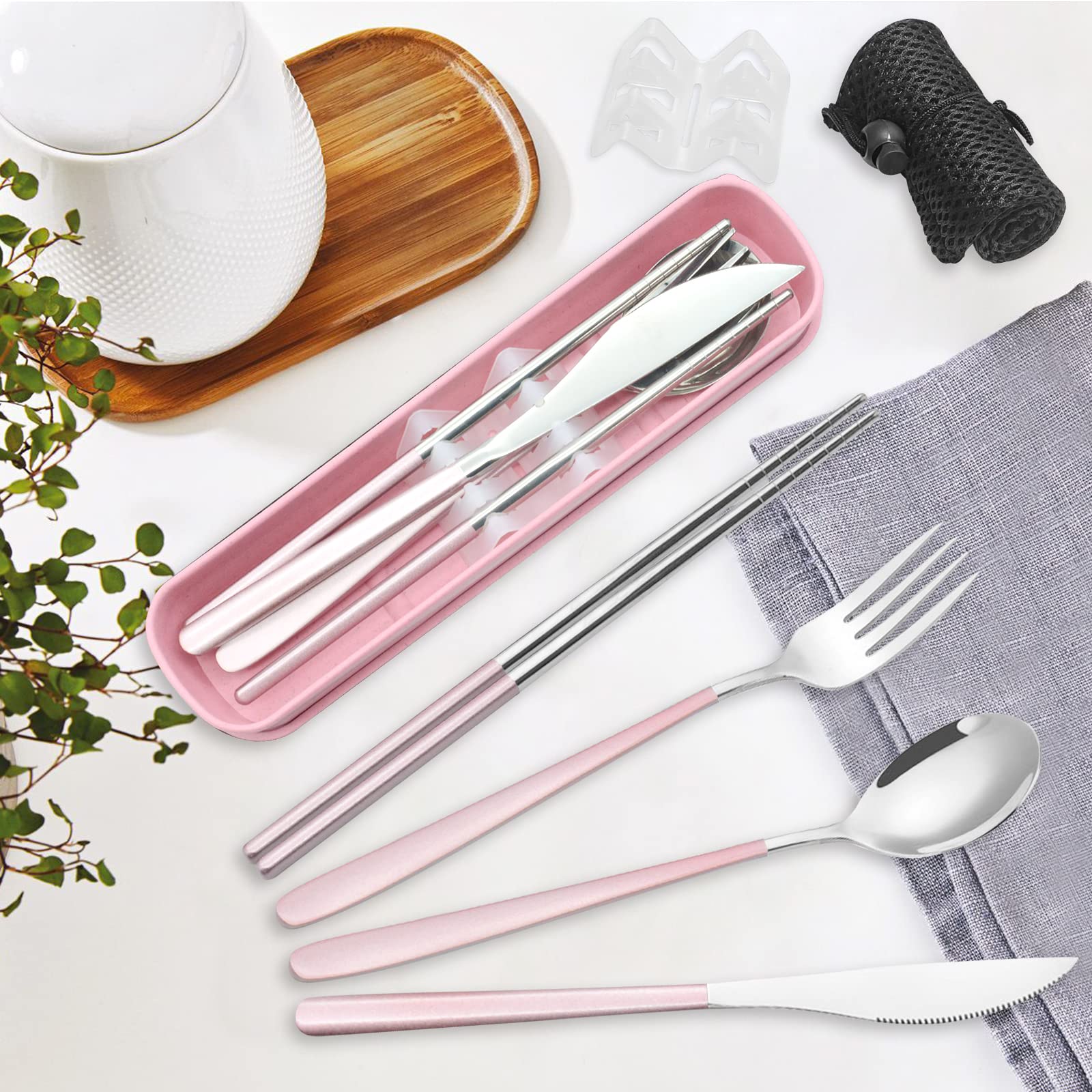 Portable Travel Utensils Set with Case, Pink Reusable Silverware Set, TWUTGAYW 18/8 Stainless Steel Knife Forks Spoons Chopsticks Reusable Travel Camping Cutlery for Lunch Box Office Picnic Daily Use