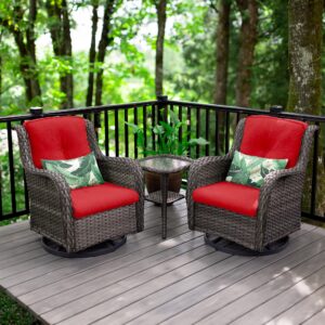 MeetLeisure Outdoor 360 Degree Swivel Rocker Patio Chairs Sets of 2 and Matching Side Table - 3 Piece Patio Wicker Glider Chairs with Olefin Cushions(Mixed Grey/Red)