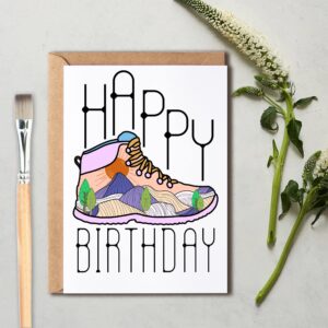 OystersPearl Happy Birthday Card - Happy Birthday Card With Hiking Boot And Mountains For Outdoor Enthusiast - Gift For Outdoor Lover - Climbing Card