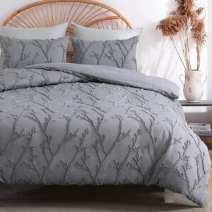 glowsol grey duvet covet set branches jacquard tufted pattern, 3 pieces bedding set super soft embroidery shabby chic bedding duvet cover, 90"×90" + 20"×26"×2